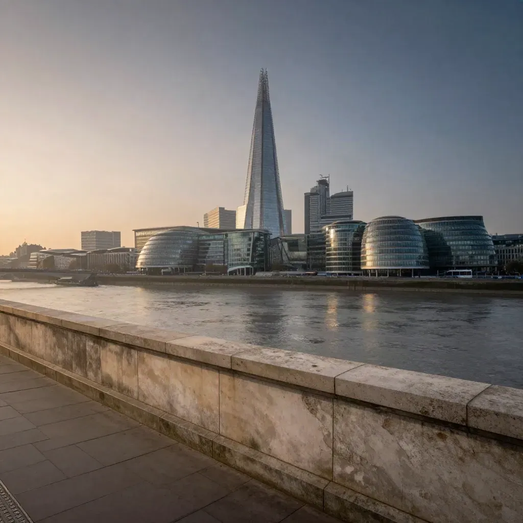 London skyline over the Thames at dusk with haze and calm embankment stone