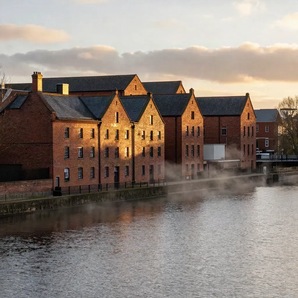 Manchester canal warehouses in gold winter sunset with misty reflections