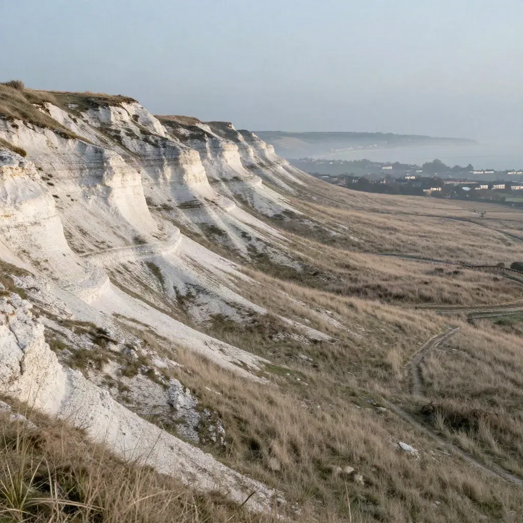 South Downs chalk ridgeline at sunrise with a distant coastal town and misty open ground.