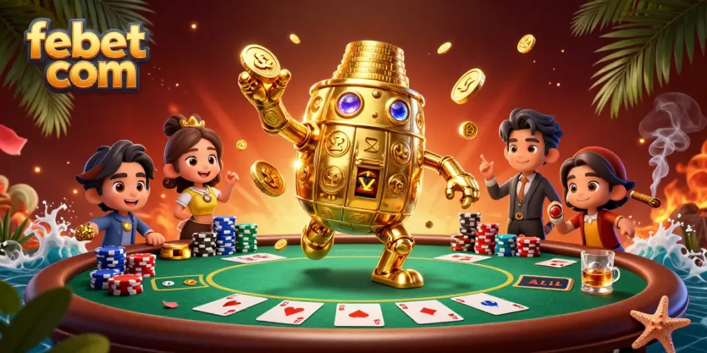 Win exciting jackpots at febet com with a golden golem and casino elements surrounding it.