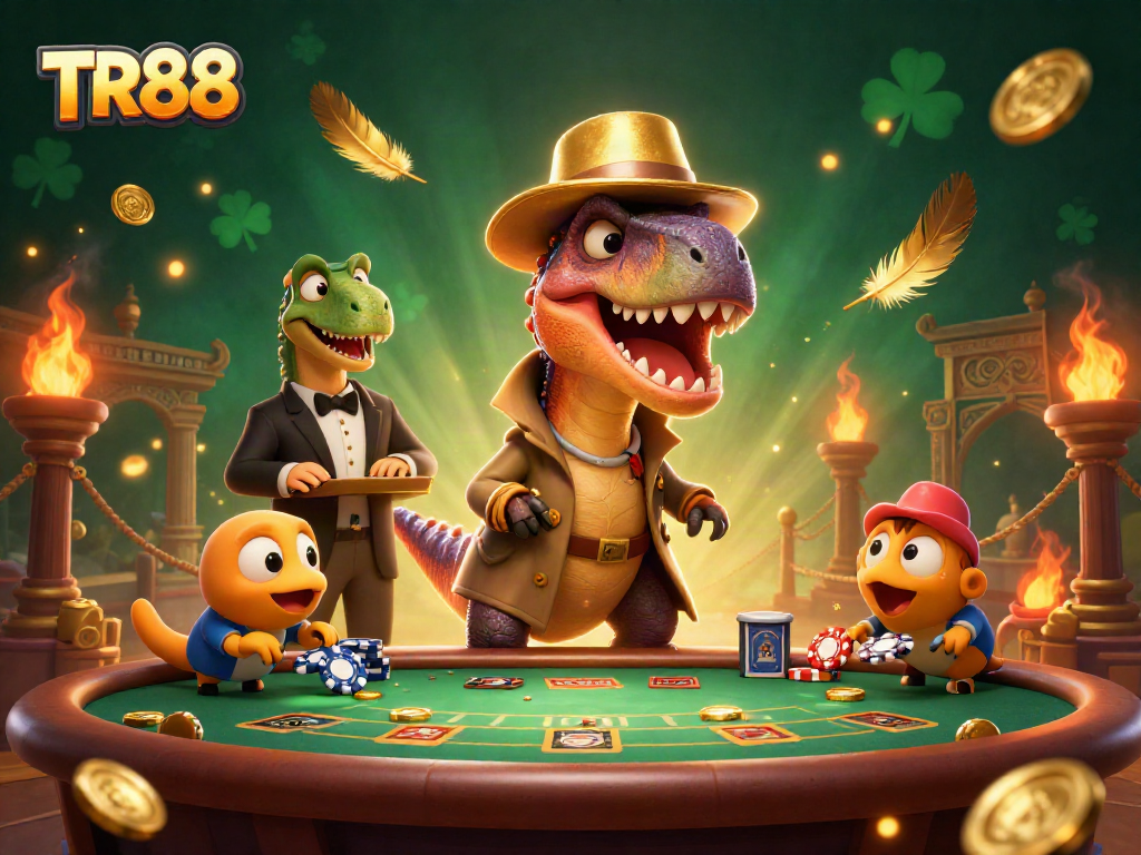 TR88 velociraptor counts cards at blackjack while a stegosaurus pit boss observes in a lively casino scene.