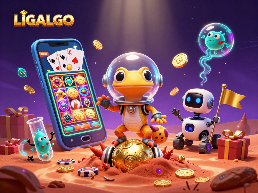 LIGALGO showcases a vibrant Martian casino scene with a gecko discovering games.