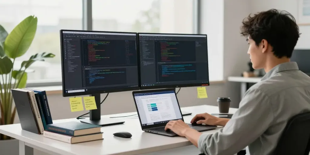 Instant indexing in a modern tech workspace with dual monitors showing code and lively indoor plants.