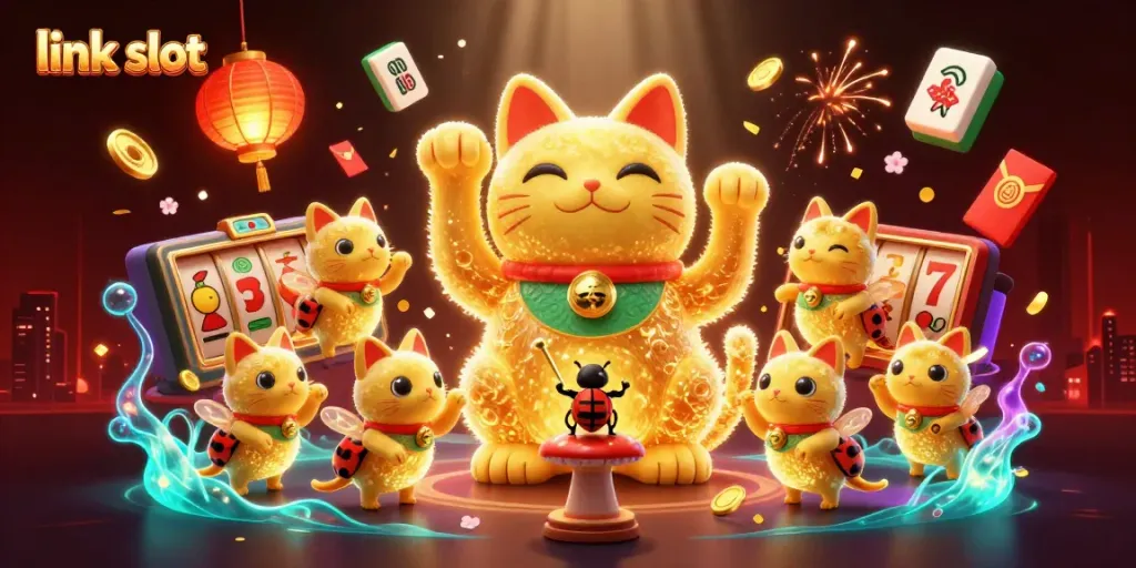 Play exciting link slot games with a giant lucky cat and vibrant casino symbols in 3D.