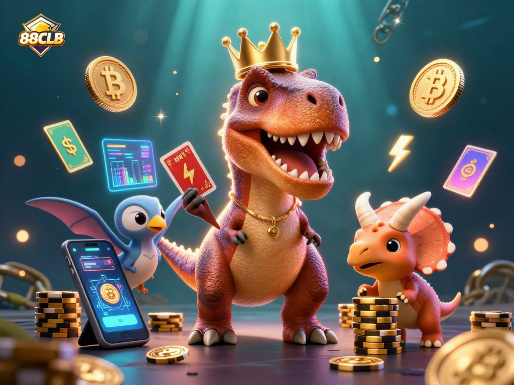 Engage with 88CLB's thrilling casino experience featuring fun characters and vibrant crypto elements.