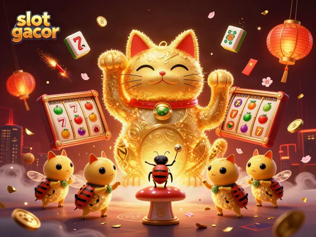 Spin to win on slot gacor, a vibrant illustration featuring gaming symbols and the iconic lucky cat.