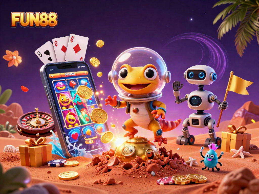 Engage with FUN88's vibrant casino adventure featuring a Martian gecko and a robot rover amidst thrilling games.