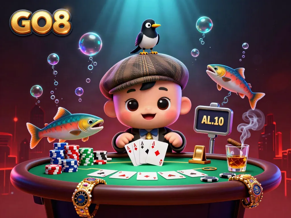 GO8 showcases a whimsical scene with Nessie and friends at a vibrant poker table.