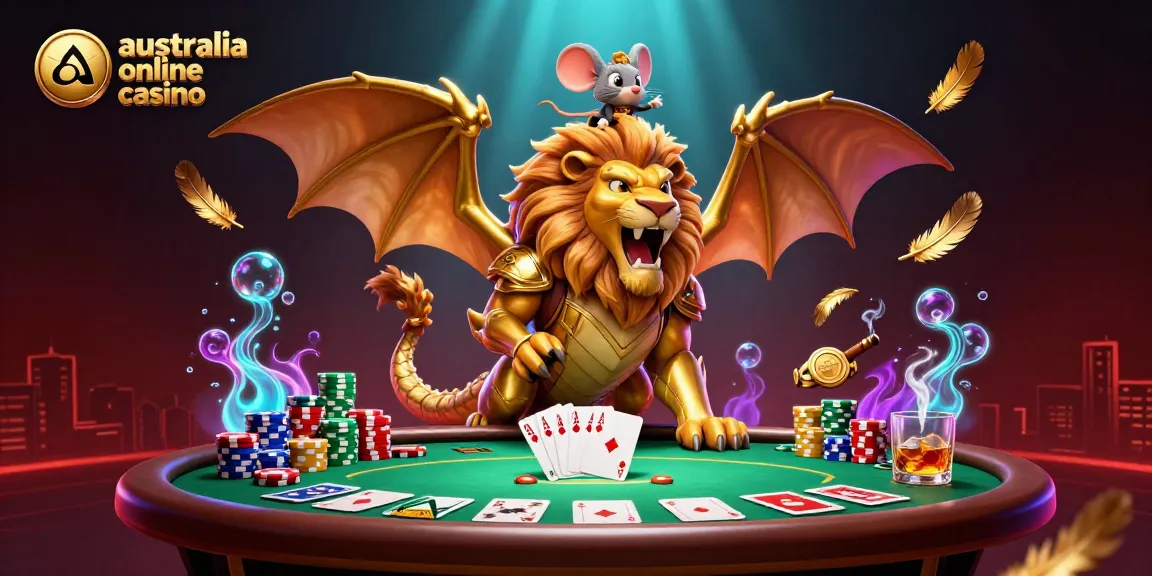 Experience the excitement of australia online casino with a vibrant digital scene featuring a triumphant chimera and poker elements.