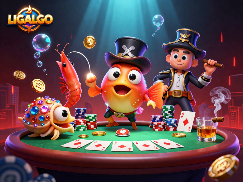 LIGALGO showcases a fun gambling scene with anglerfish and pirate shrimp at a poker table.
