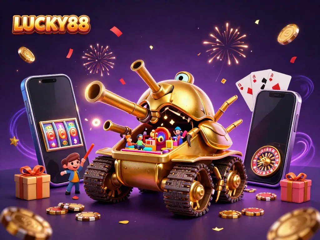 Win big with LUCKY88's dynamic casino scene featuring a colorful slot game and confetti.