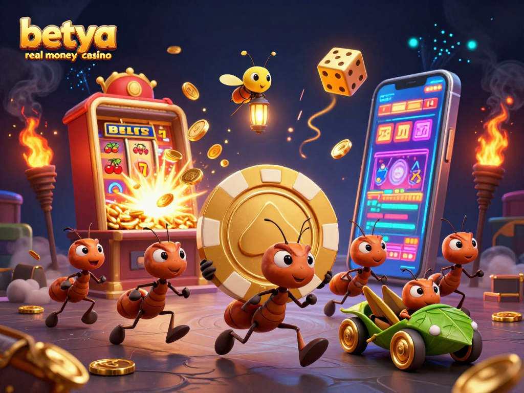 Experience the thrill of betya real money casino with ants on a heist in vibrant 3D illustration.