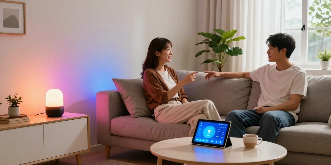 Couple enjoying smart home gadgets in a cozy living room, highlighting modern technology.