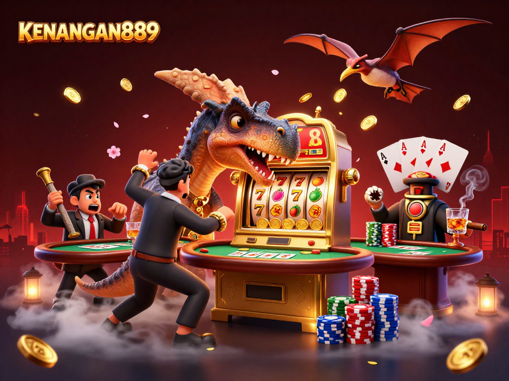 KENANGAN889 offers a whimsical scene of a pachycephalosaurus winning a jackpot, highlighting an engaging casino atmosphere.
