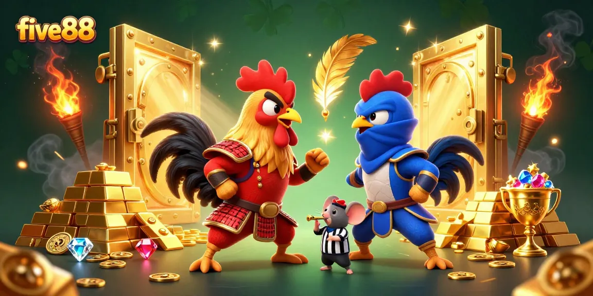 Battle with twin roosters at five88's casino, surrounded by treasures and dynamic light effects.