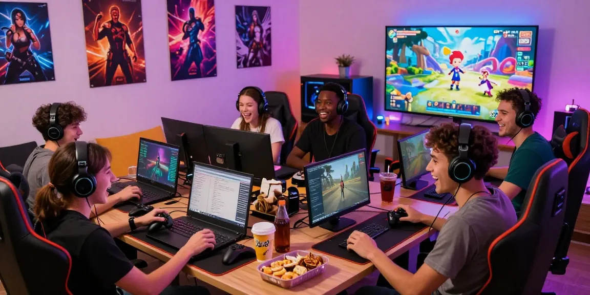 Engaging gaming session showcasing trans hentai game on screen with diverse players in a vibrant setting.