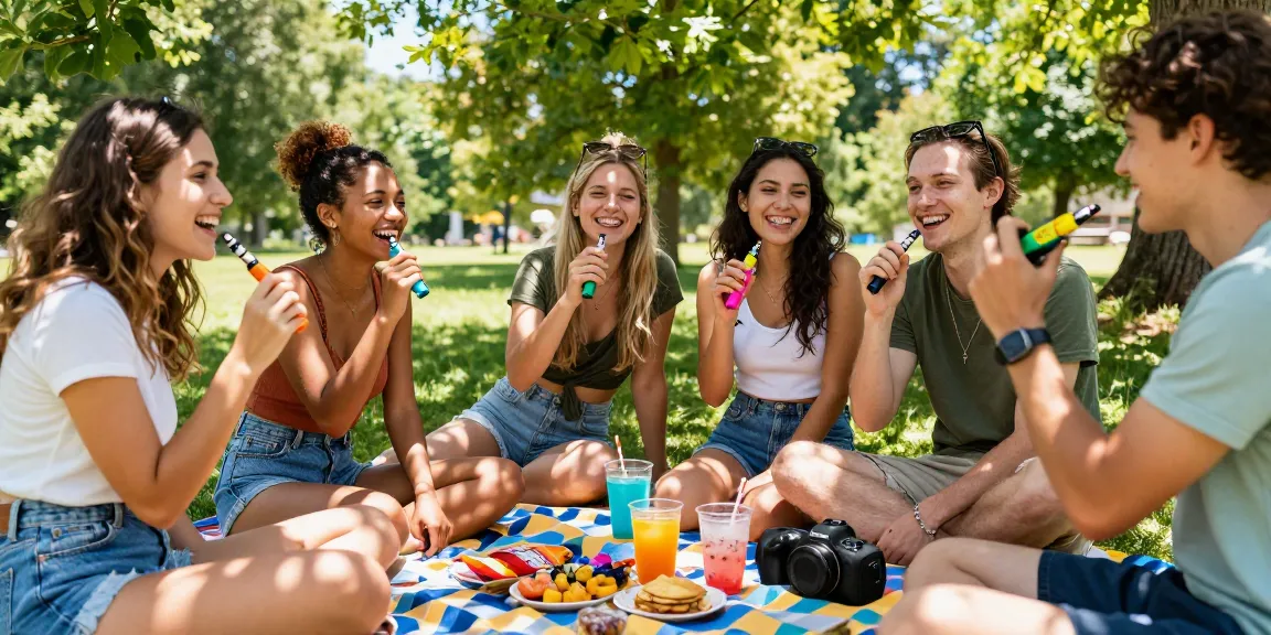Group of friends enjoying weed pens at a sunny picnic in the park