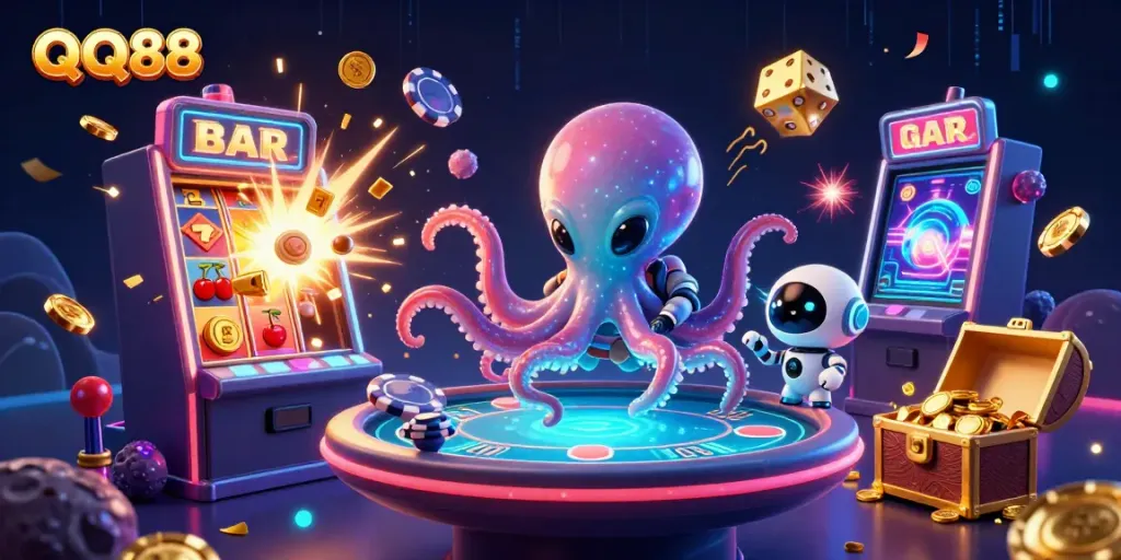 Experience thrilling gaming with QQ88’s captivating alien octopus at a holographic poker table.