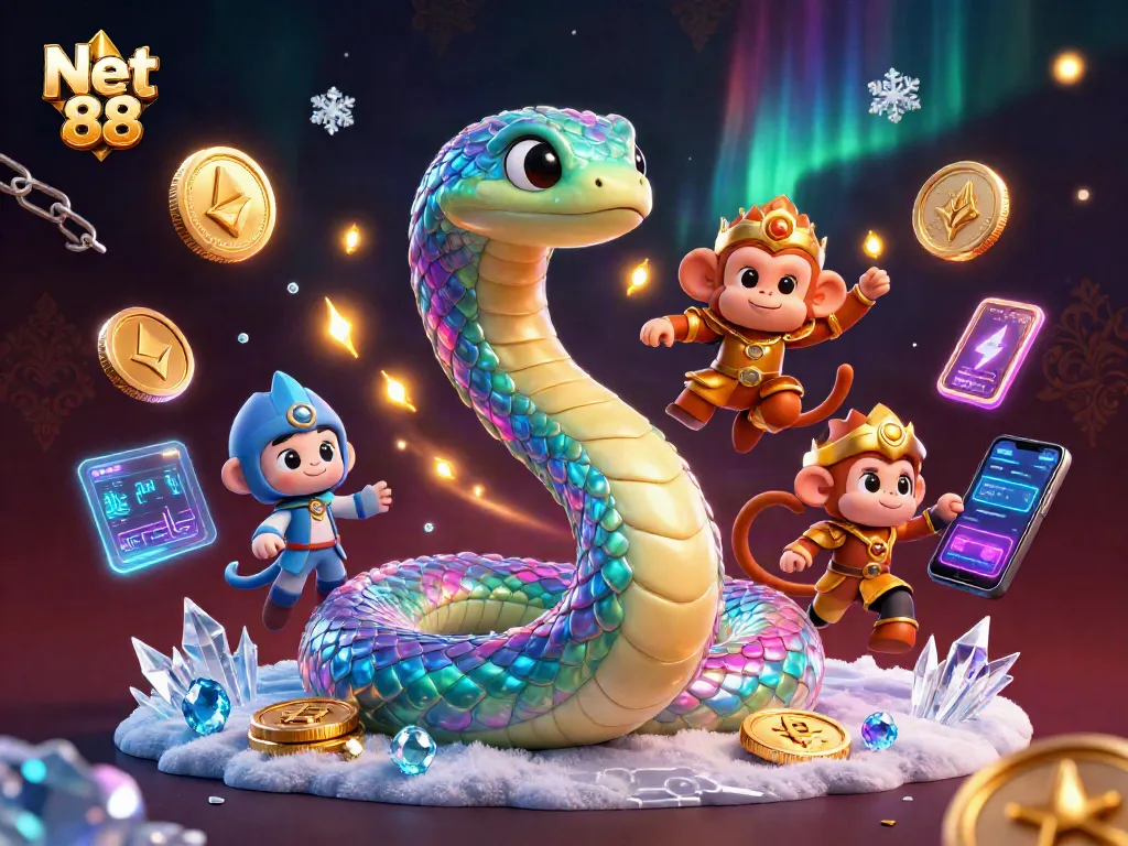 Bet on exciting outcomes with Net 88 amidst a vibrant animated casino scene featuring crypto elements.