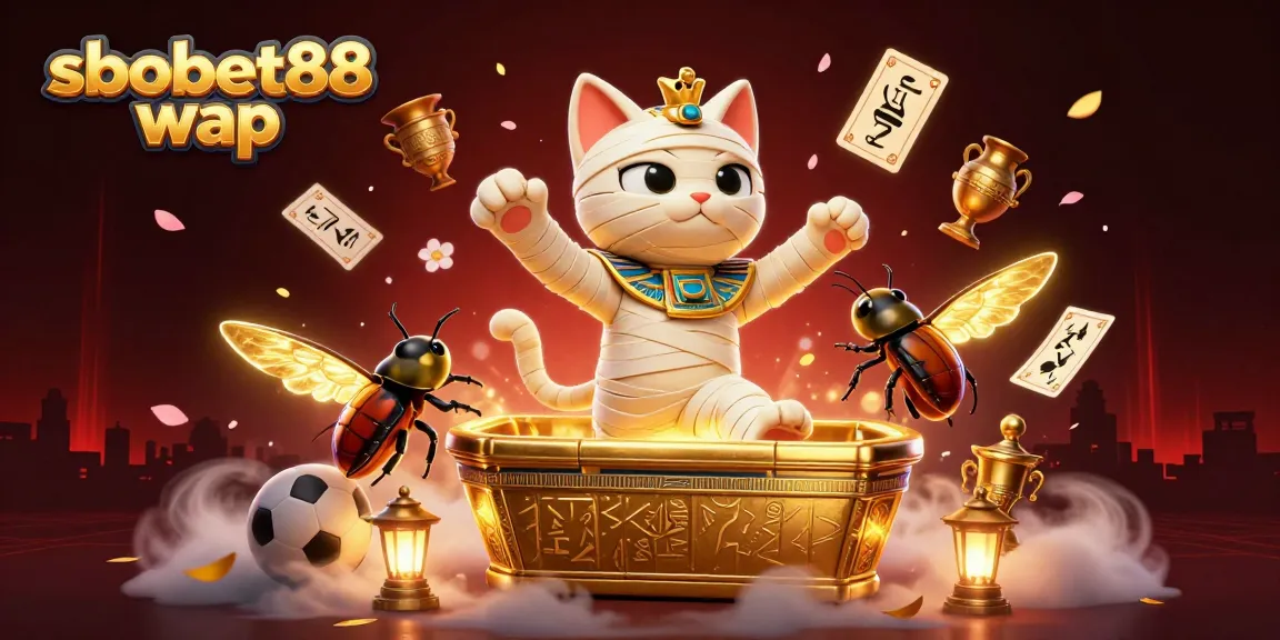 Bet on sbobet88 wap with a dynamic scene featuring Egyptian mummy and sports betting elements.
