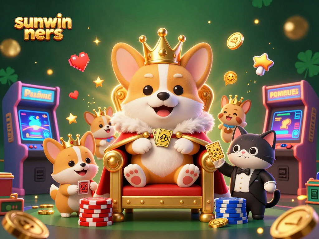 Experience the excitement of sunwin ners with a royal corgi on a poker chip throne amidst vibrant gaming elements.