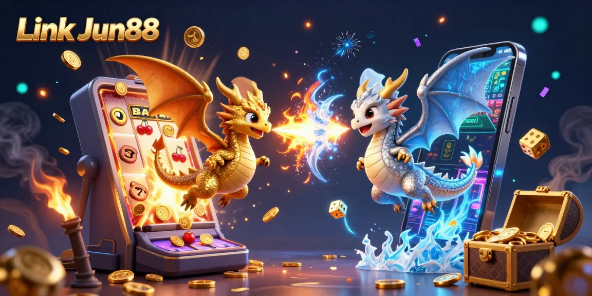 Experience excitement with the Link Jun88 casino games, featuring a vibrant slot machine and dragon artwork.