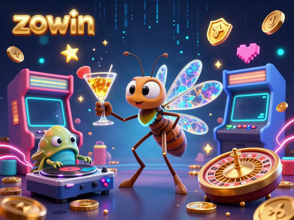 Experience the thrill of zowin with a vibrant casino scene featuring a playful mascot and dynamic gaming elements.