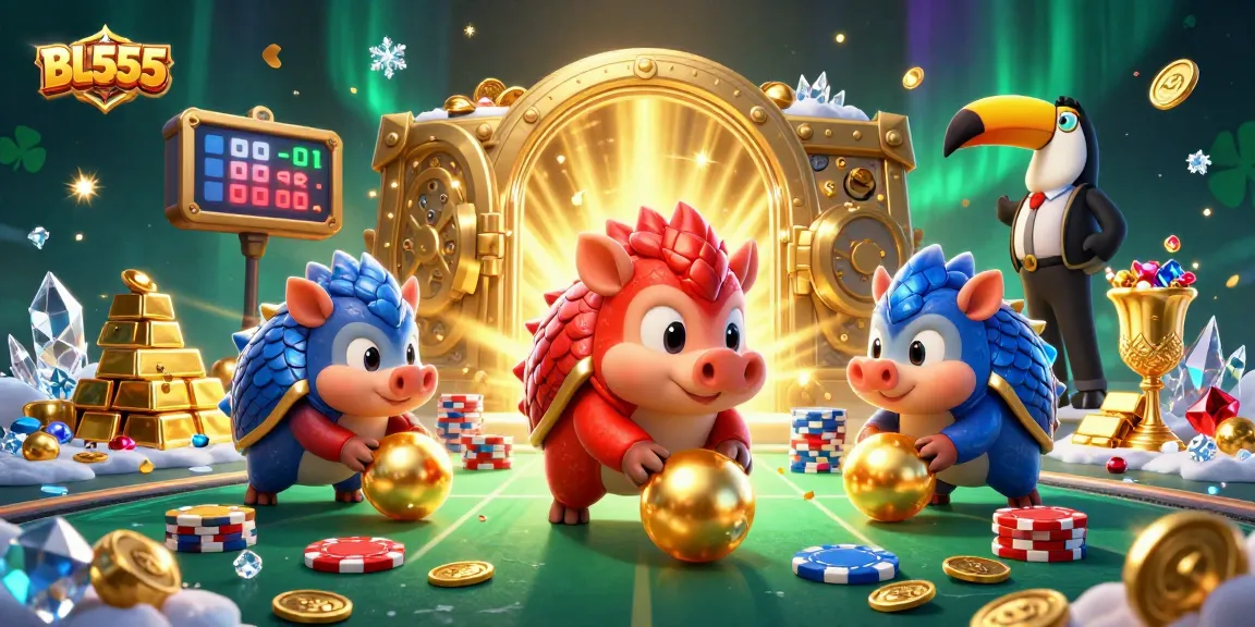 Join the thrilling world of BL555 as rival pangolins roll into golden balls amidst poker chips and an exciting casino scene!