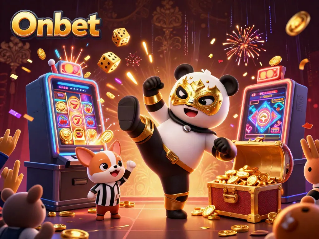Onbet-themed vibrant scene with a panda wrestler and a chihuahua referee celebrating a casino jackpot