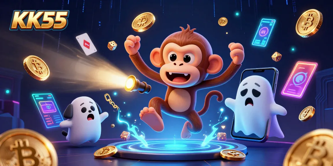 Experience thrilling games at KK55 with a poltergeist monkey juggling coins and crypto elements.