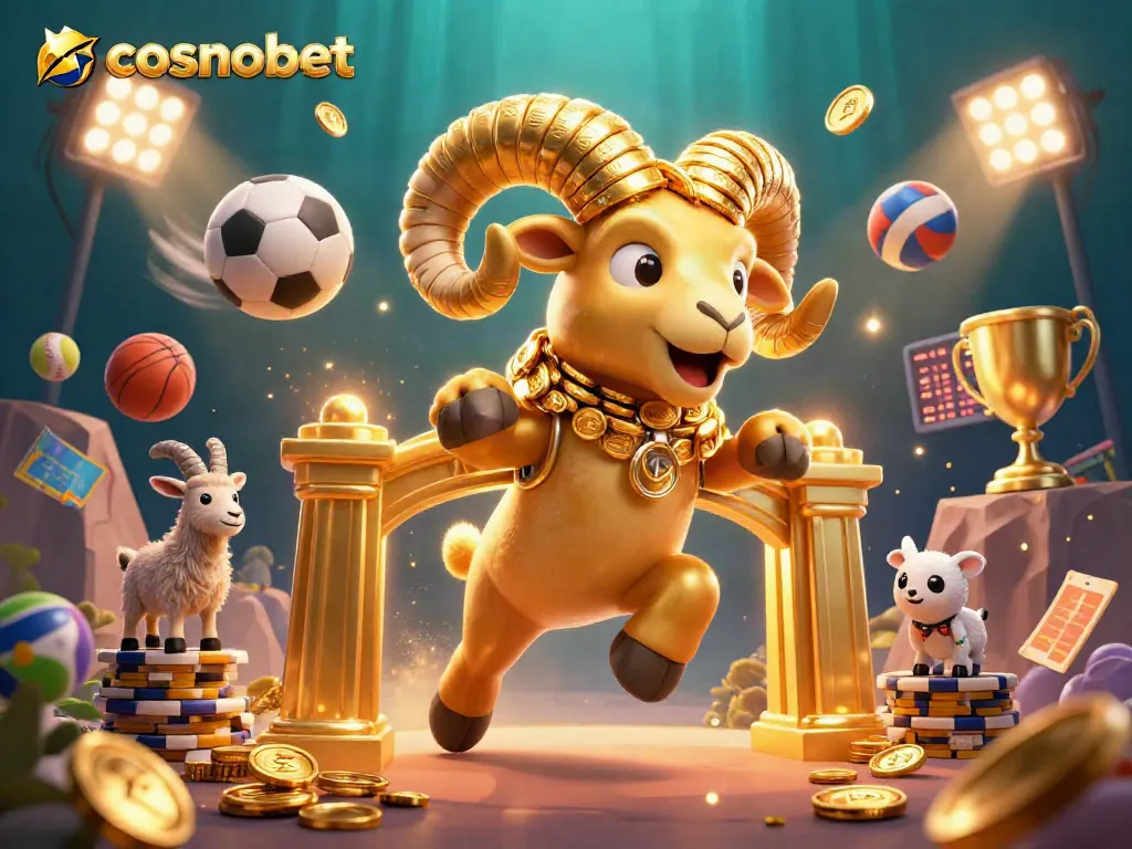 Engage with cosmobet's thrilling sports action, featuring a dynamic golden ram charging through a vibrant gaming scene.