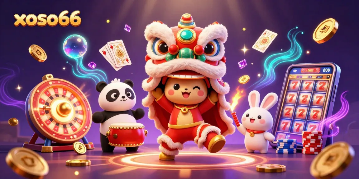 Xoso66 invites players to experience thrilling wins with a dynamic lion dance and exciting casino game elements.