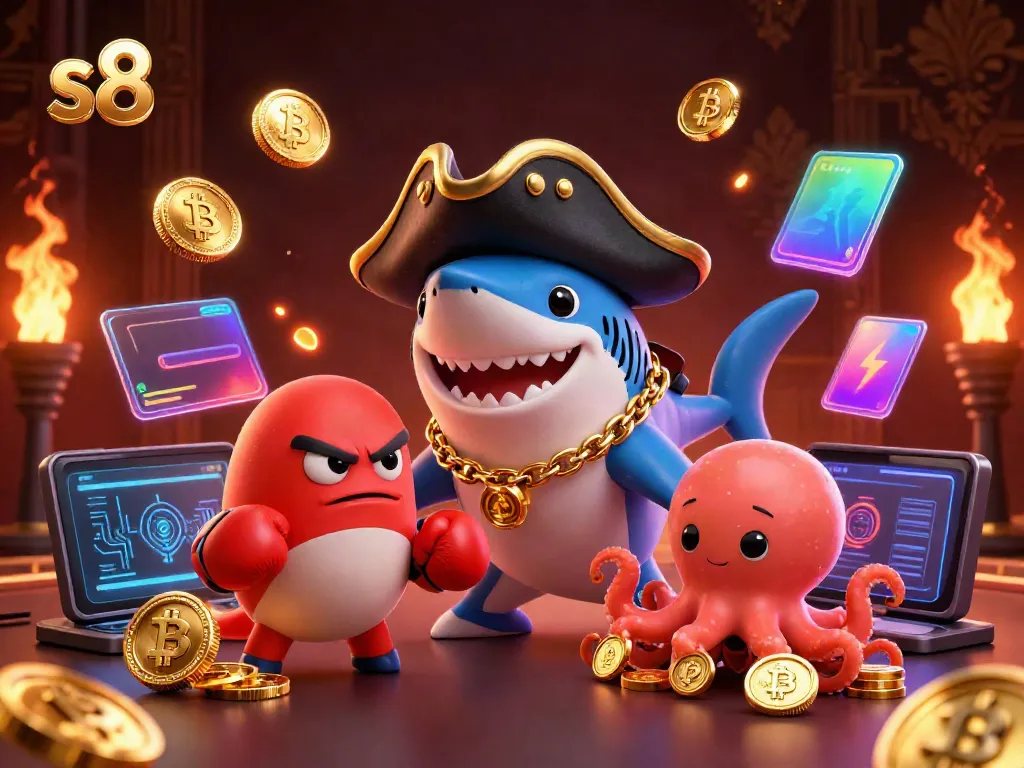 Engage in profitable gaming with s8's playful pirate shark, pufferfish, and octopus amid vibrant casino elements.