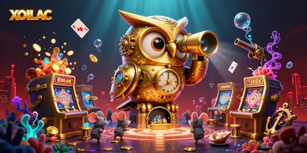 Experience thrilling gameplay with XOILAC as the golden owl oversees the vibrant casino floor!