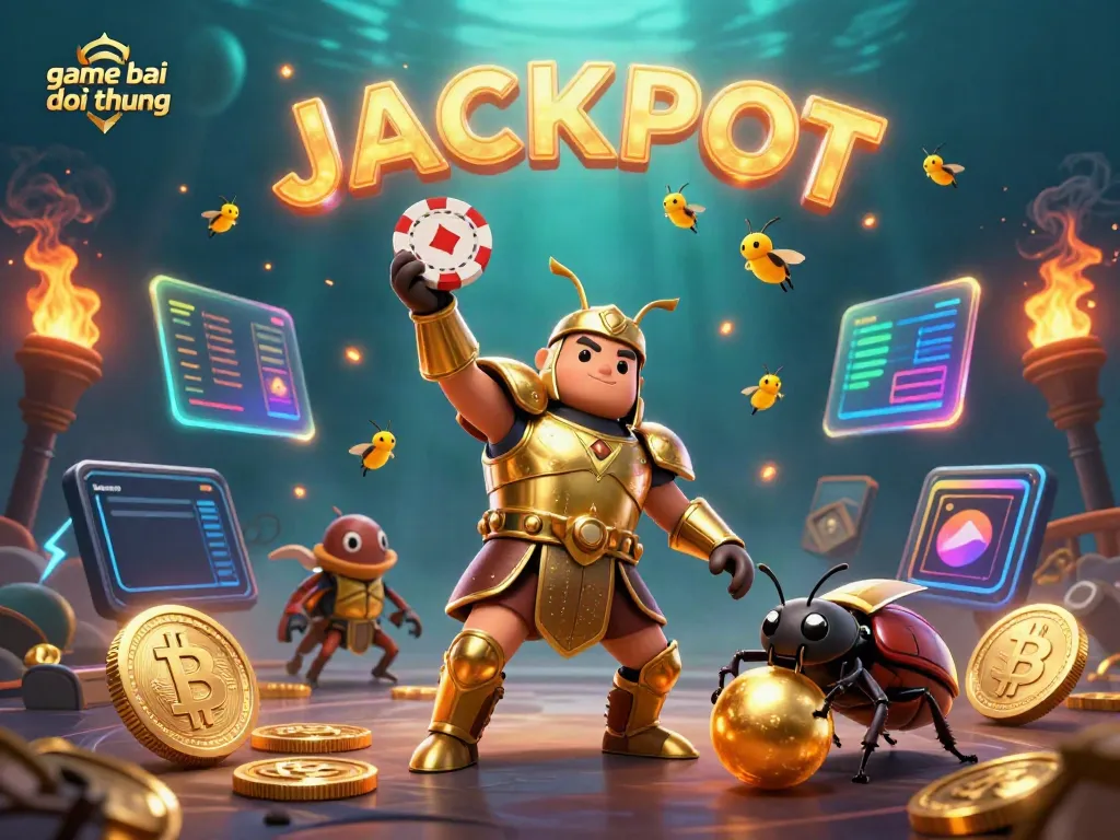 Experience thrilling game bai doi thuong with our cartoon gladiator beetles lifting poker chips in a vibrant casino scene.