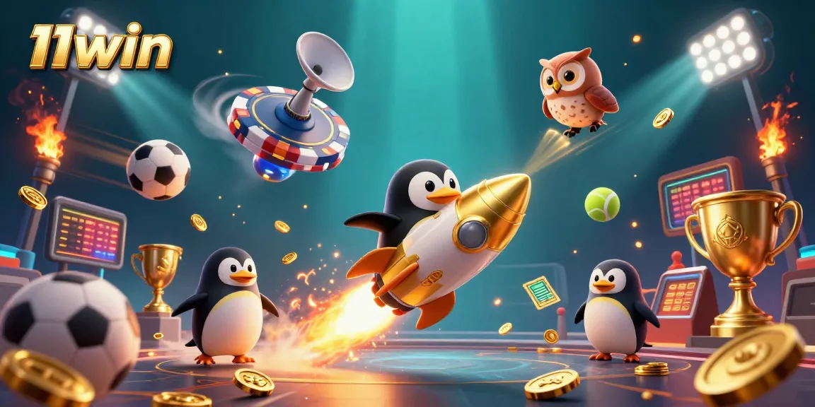 Experience the thrill of 11win with a dynamic penguin racing towards a casino in space.