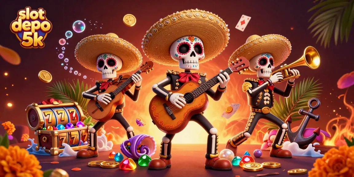 Win big at slot depo 5k with vibrant 3D casino illustrations showcasing lucky reels and joyful mariachi characters.