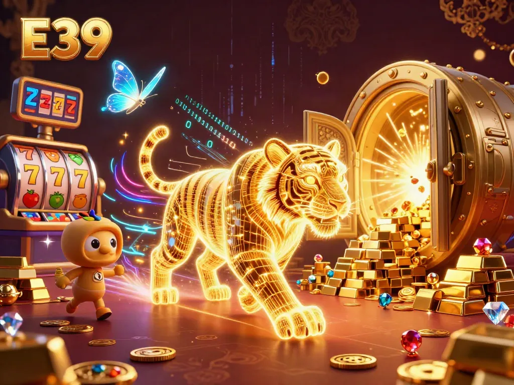 Experience the thrill of E39's digital casino with a neon tiger and jackpot symbols.