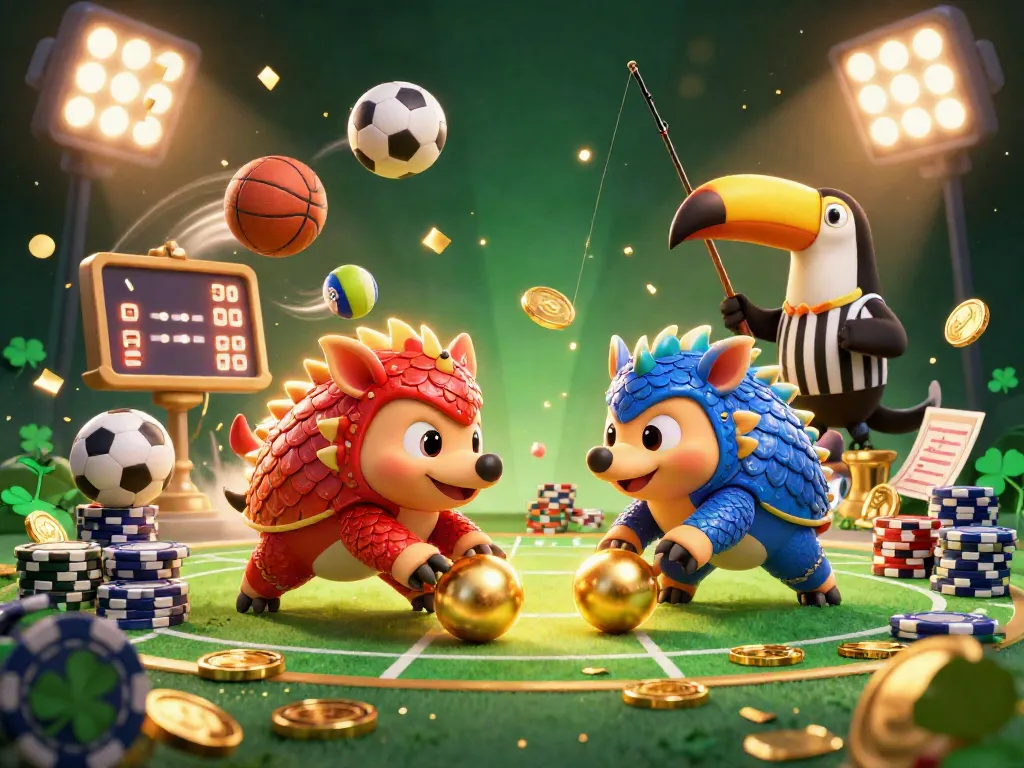 Experience the excitement of singatoto with dynamic pangolins bowling through chips, surrounded by vibrant casino elements.