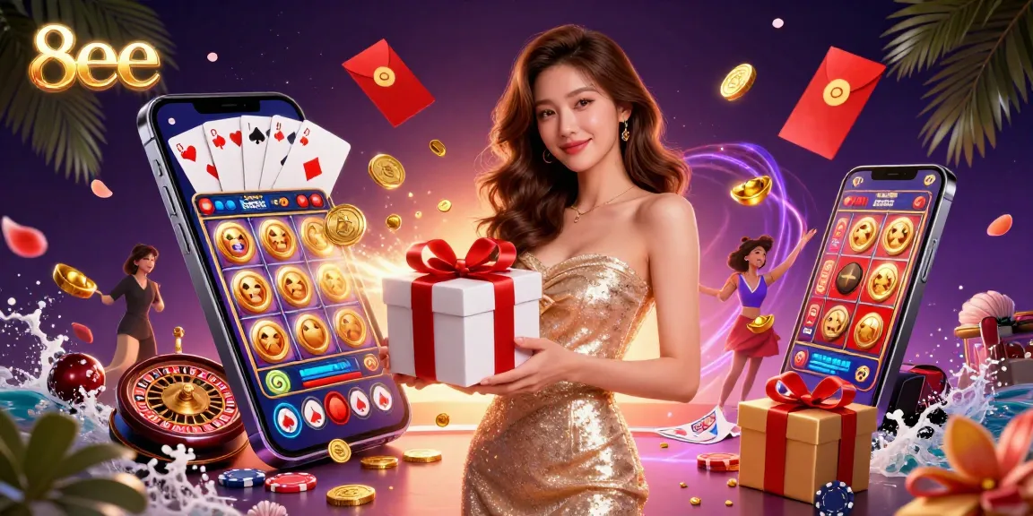 Experience thrilling gameplay with 8eee, capturing a glamorous casino scene filled with vibrant rewards.