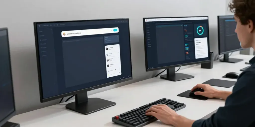 .uk domain search interface on multiple screens in a modern developer workspace showcasing advanced tech.