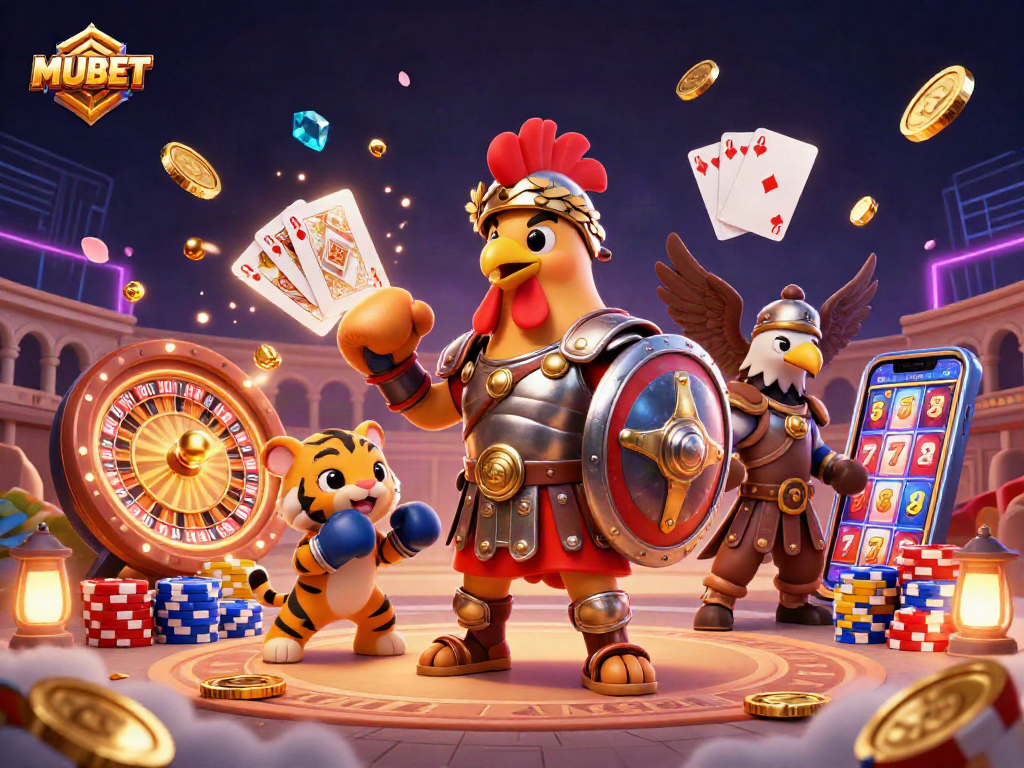 MUBET showcases a vibrant casino scene with a gladiator rooster, coins, and poker elements.