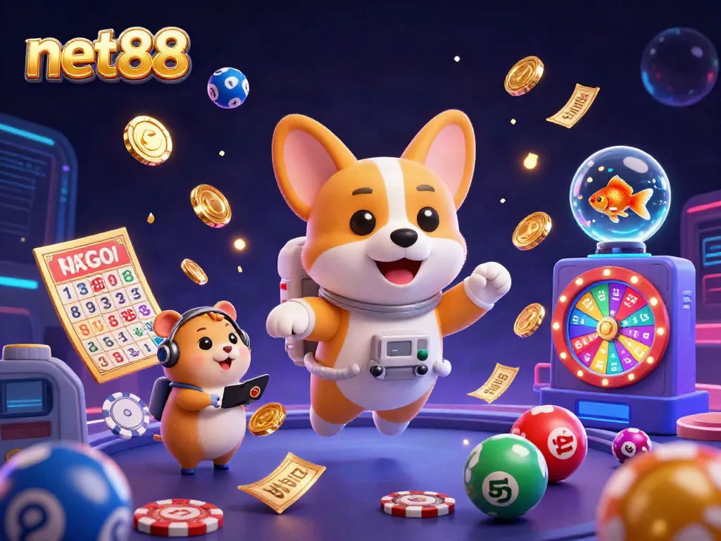 Experience the excitement of net88 in a dynamic casino scene with an astronaut corgi and animated game elements.