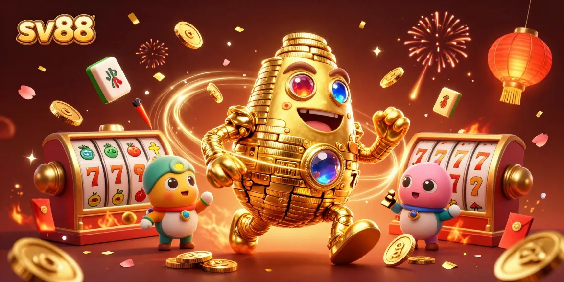 Experience excitement at sv88 with a golden golem amidst vibrant casino elements