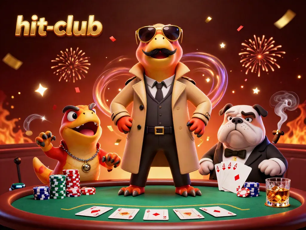 Experience excitement at hit-club with raptors humorously disguised as a tall person in a casino setting, complete with poker elements.