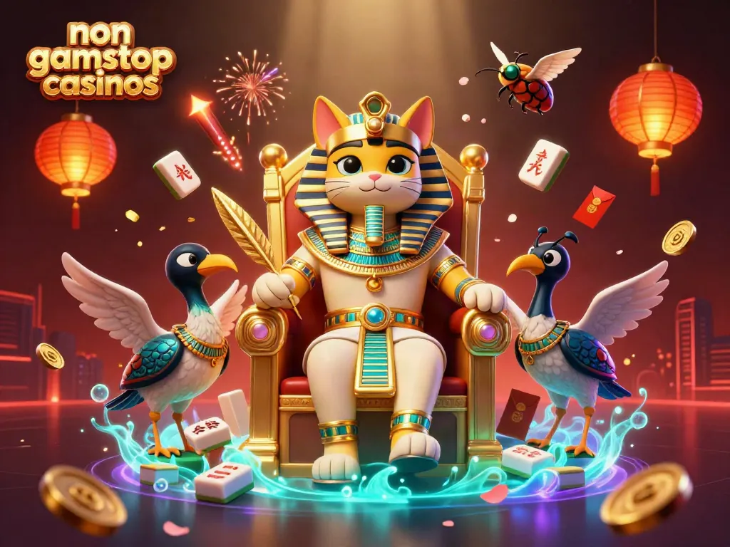 Engage with non gamstop casinos featuring an Egyptian pharaoh cat and vibrant casino elements.