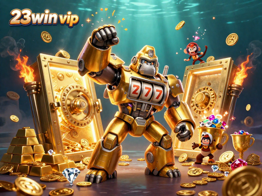 Win big with 23win vip in this vibrant casino illustration showcasing golden treasures and game elements.
