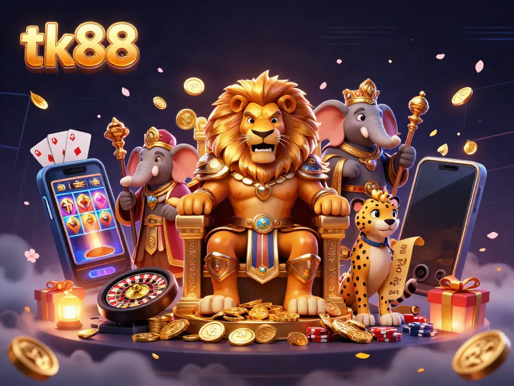 Join the excitement at tk88 with a dynamic 3D casino illustration showcasing lively characters and gaming elements.