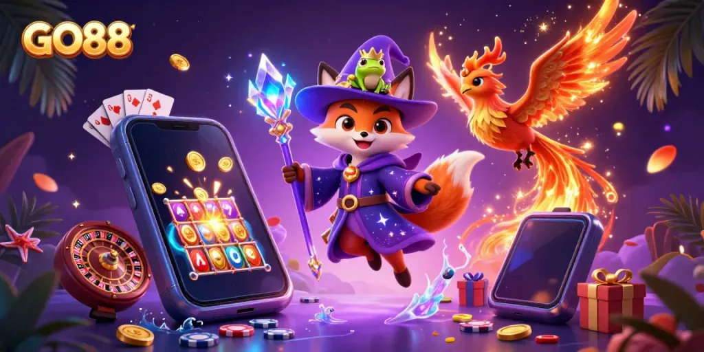 Engage with GO88's thrilling gaming experience featuring a wizard fox, phoenix, and enchanted elements.