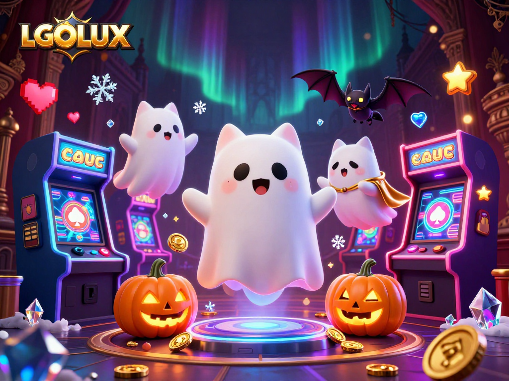Engage with LGOLUX in this vibrant gaming scene featuring friendly ghost cat and dynamic casino elements.